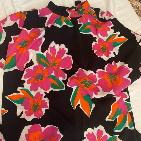 Emery Rose Tops - Floral Print High-Neck Blouse in Black, Pink & Orange